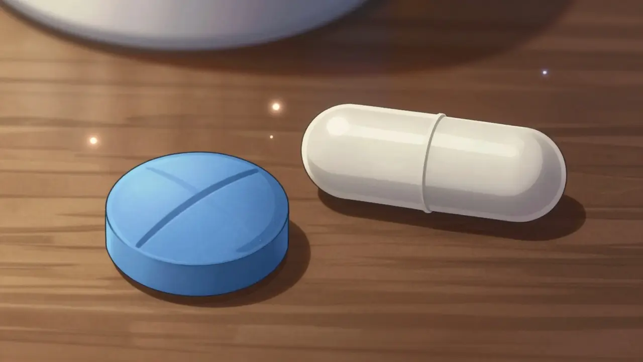 Close-up of two different colored pills sitting side by side on a wooden surface.