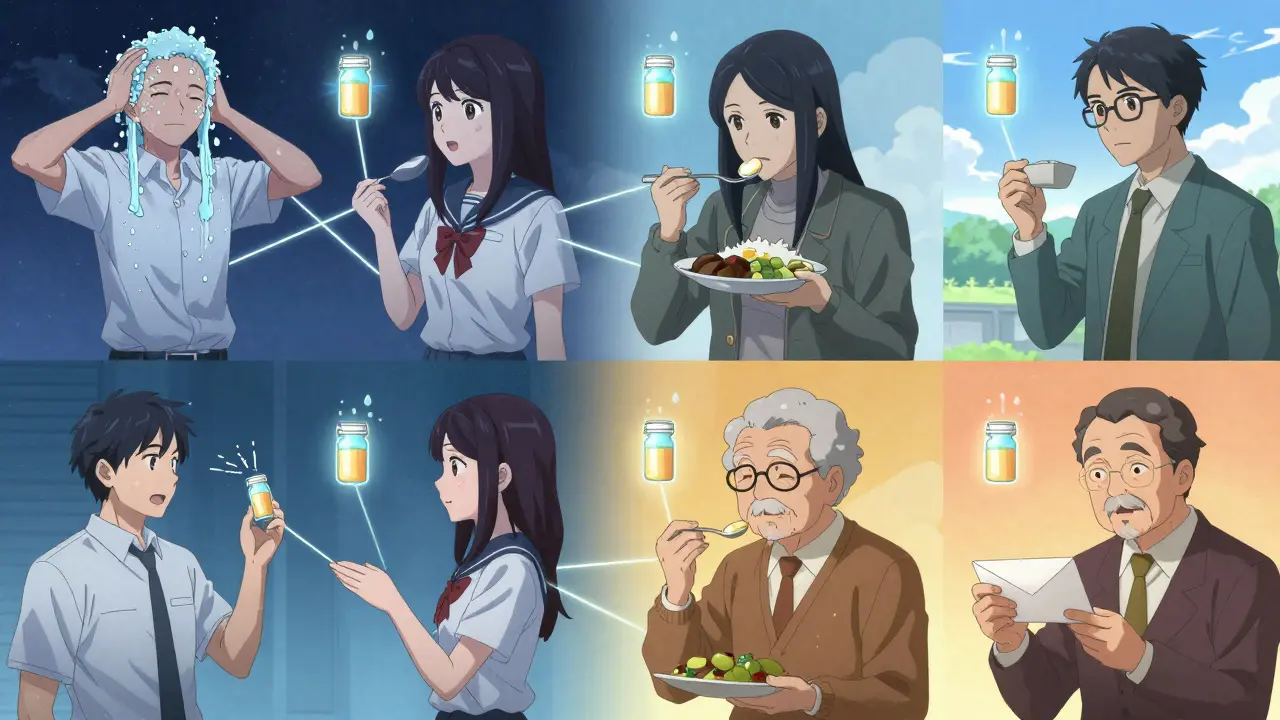 Diverse individuals taking medication paired with daily routines like showering or eating lunch.