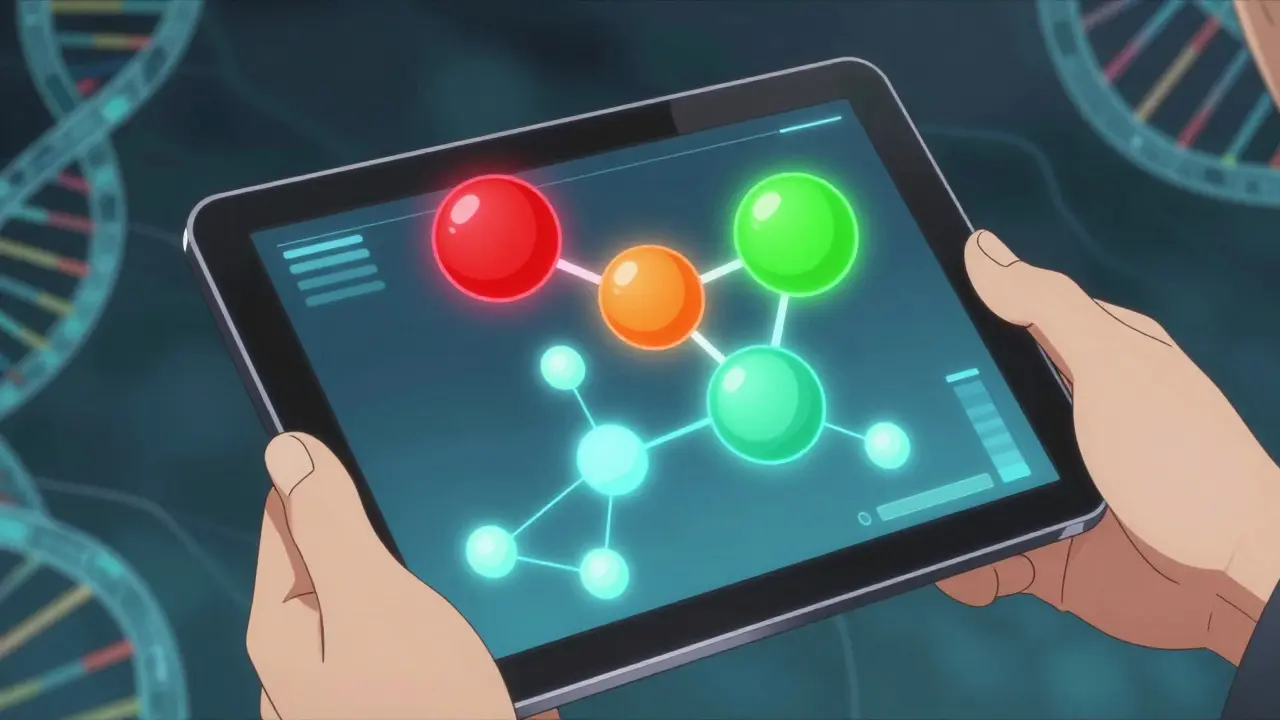 Hands holding tablet showing glowing medical color coded warnings.