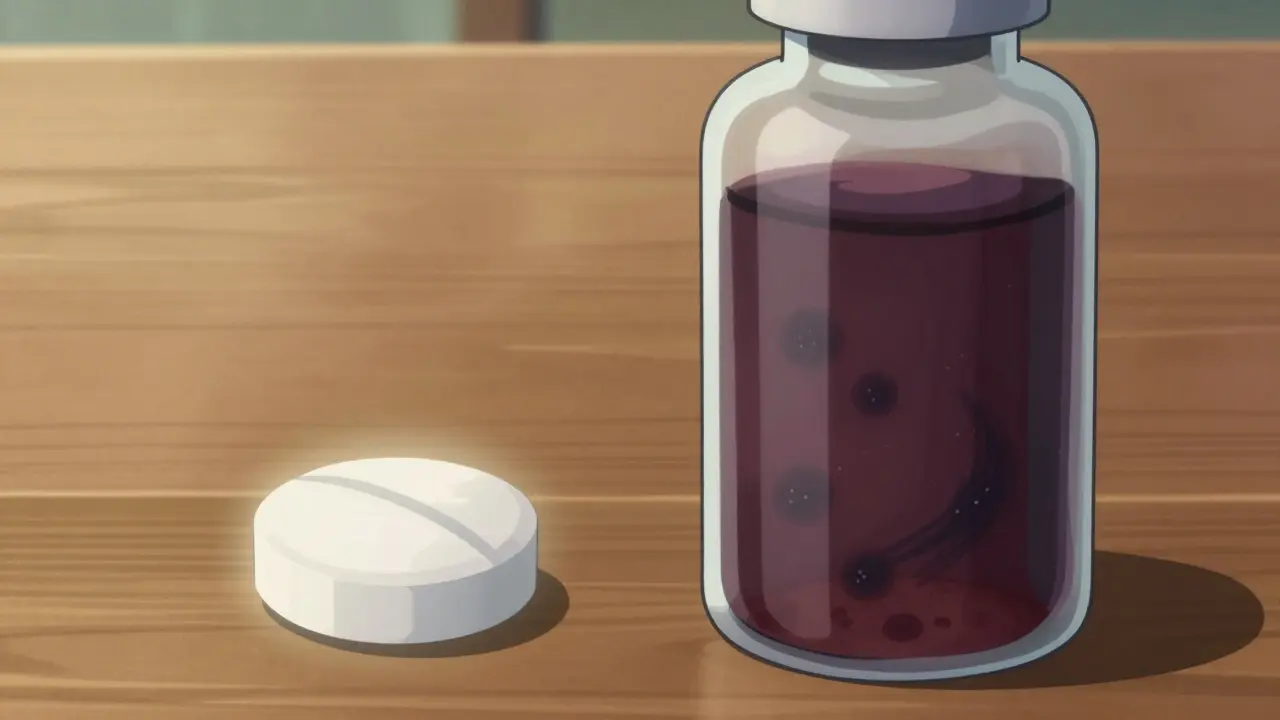 Illustration comparing stable pill versus contaminated liquid medicine.