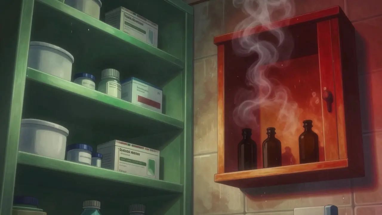 Medication stored safely in pantry versus humid bathroom environment.