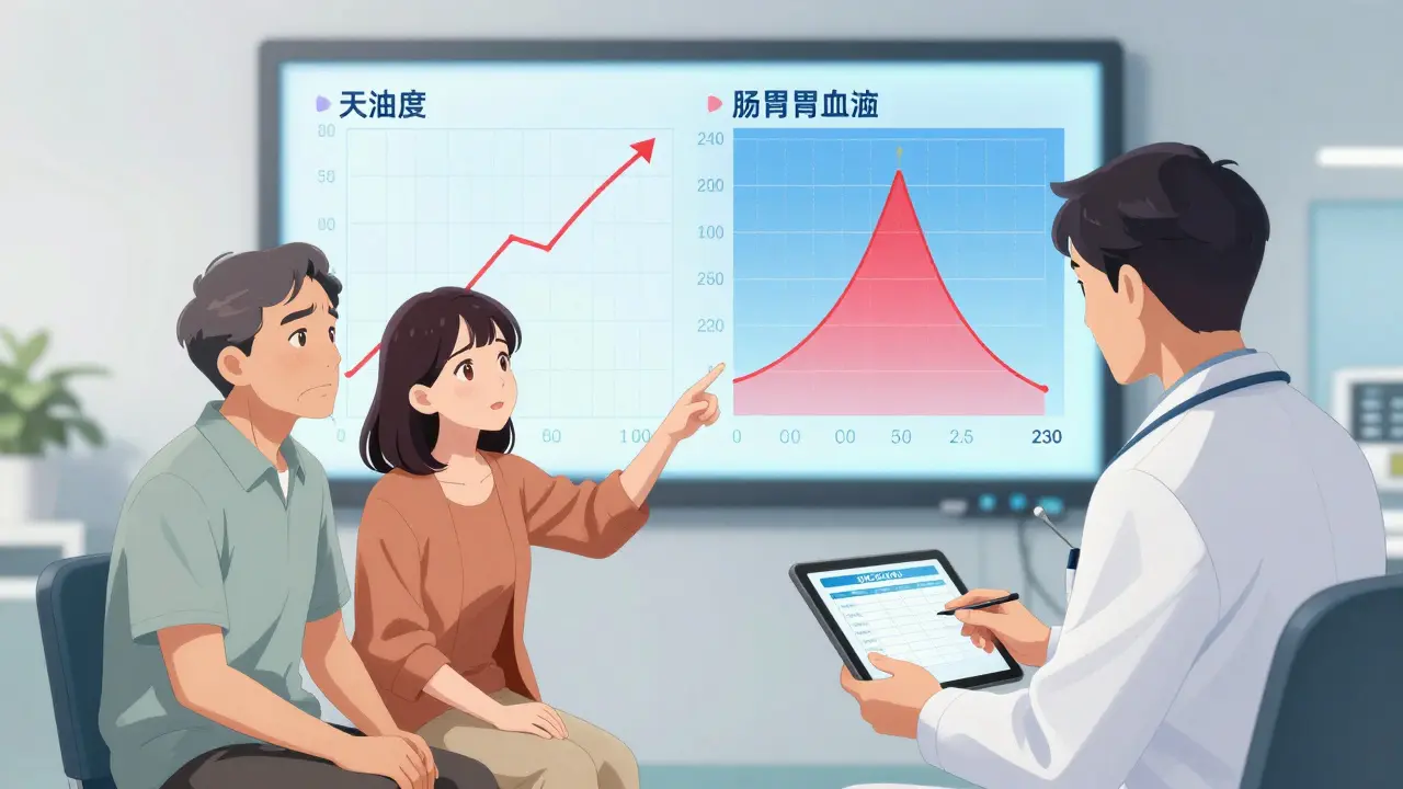 Middle-aged couple in a clinic reviewing risk graphs with a doctor about aspirin use.