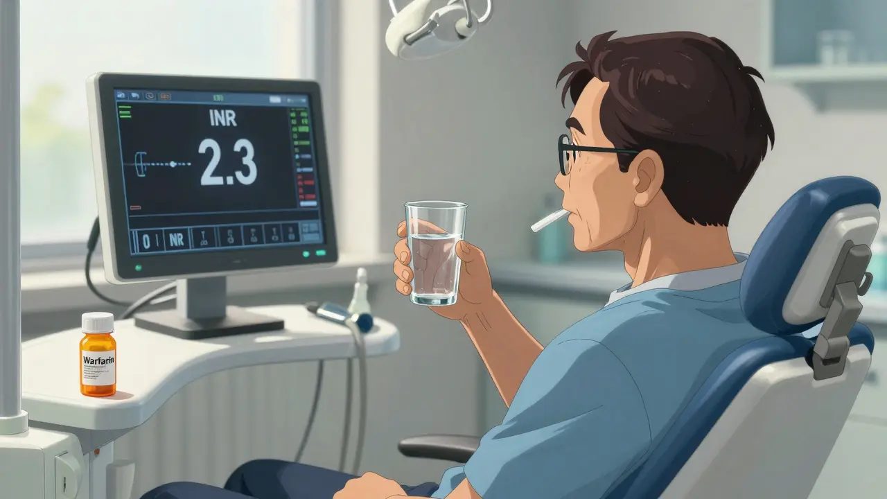 Patient using tranexamic acid mouthwash with INR monitor in dental clinic
