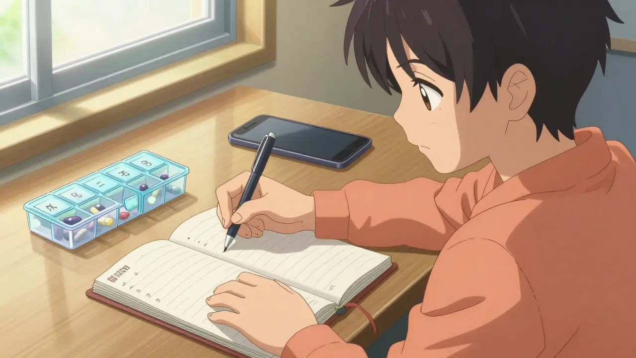 Person organizing pill planner and notebook at desk with warm sunlight streaming in.