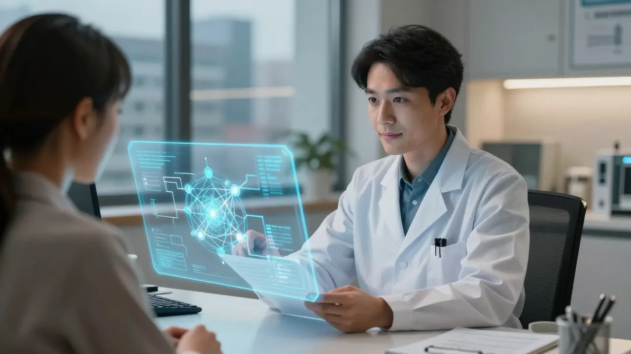 Pharmacist reviewing holographic medical data in office setting.