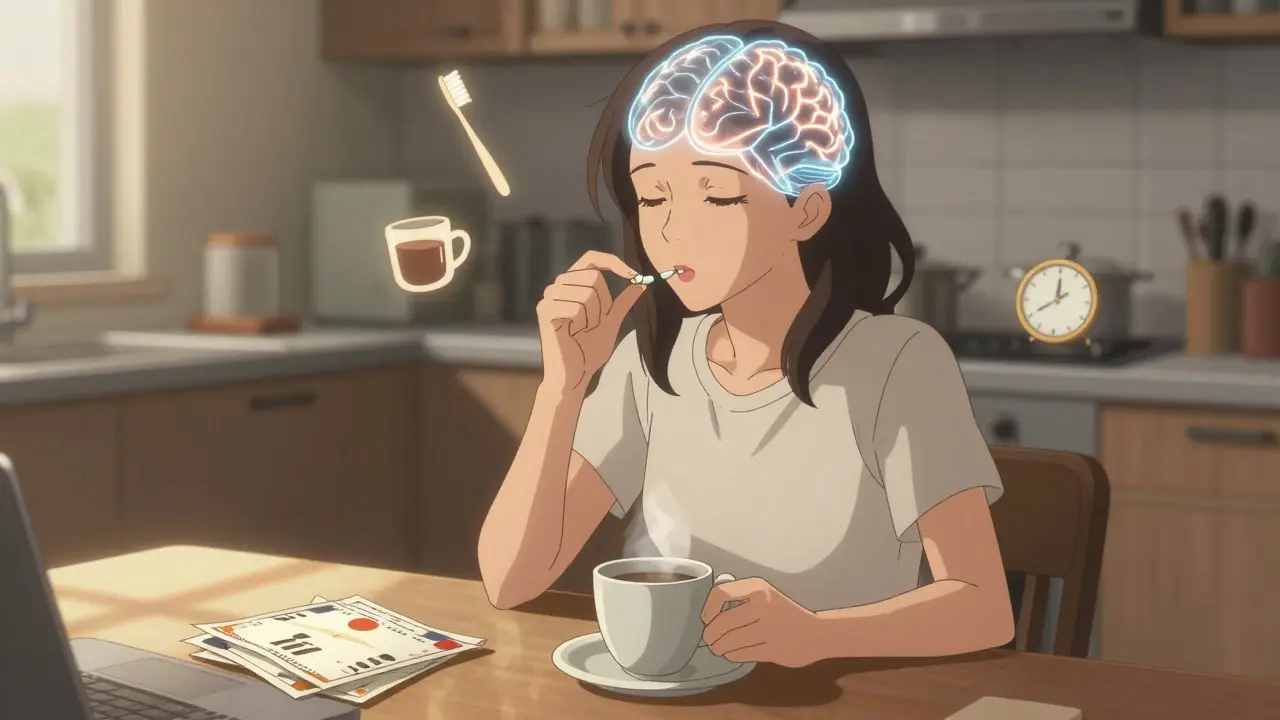 Someone taking a pill while drinking coffee and sorting mail at a kitchen table.