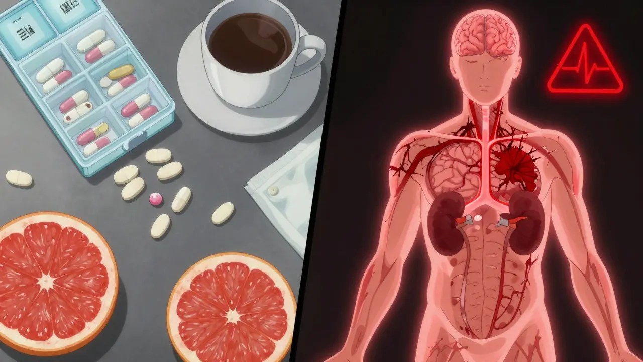 Split scene: doubled pills on left, internal bleeding in body on right, warning pulse in center.