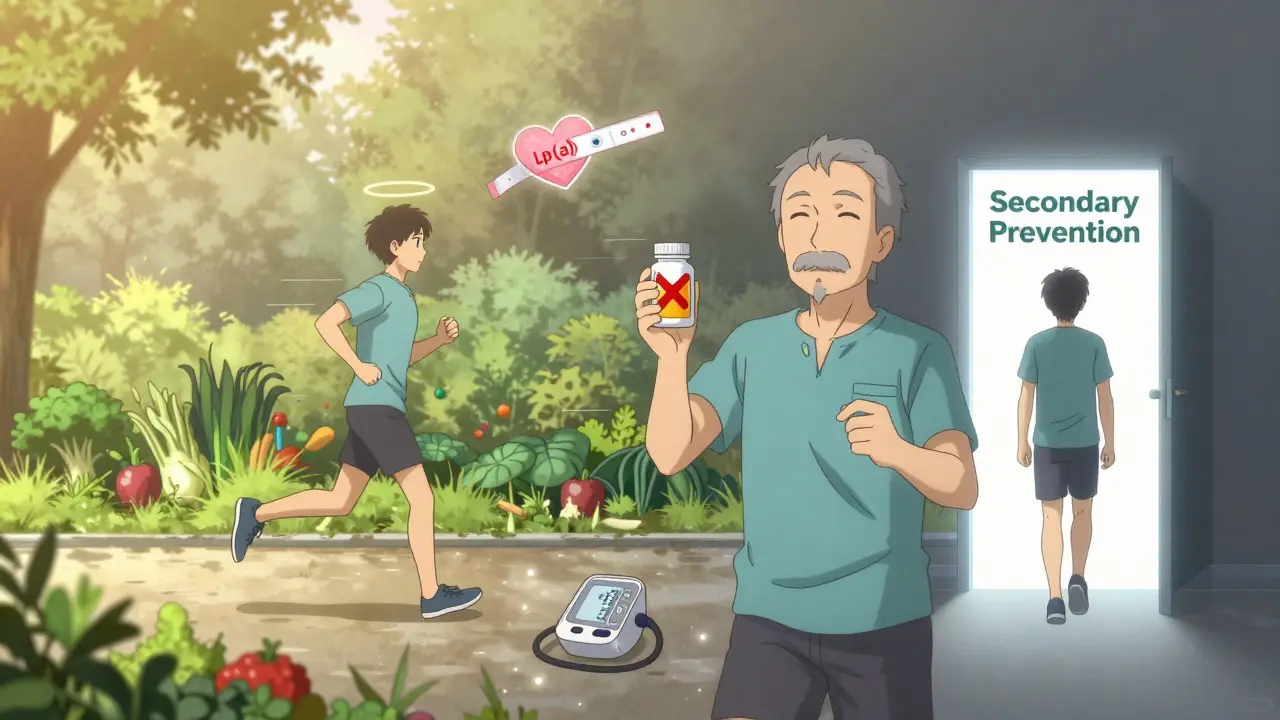 Split scene: healthy lifestyle choices on one side, aspirin bottle with red X on the other.