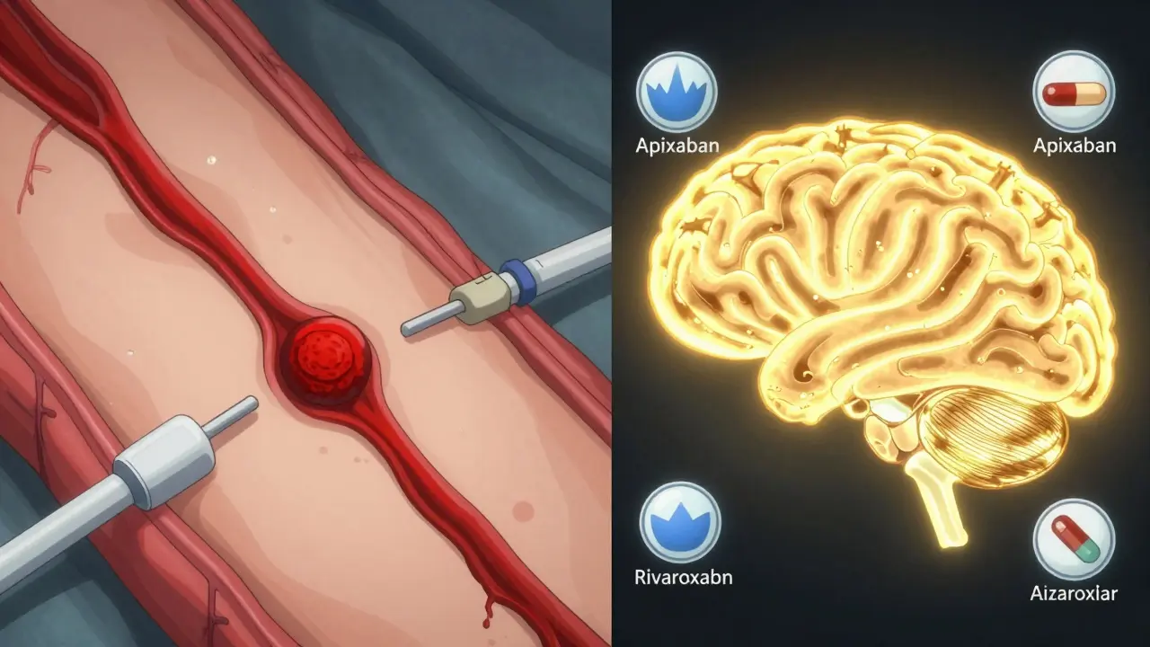 Split visual of controlled bleeding and stroke prevention with medication icons