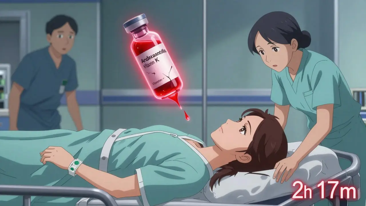 Woman on hospital gurney with medical alert bracelet, glowing reversal antidotes floating nearby.