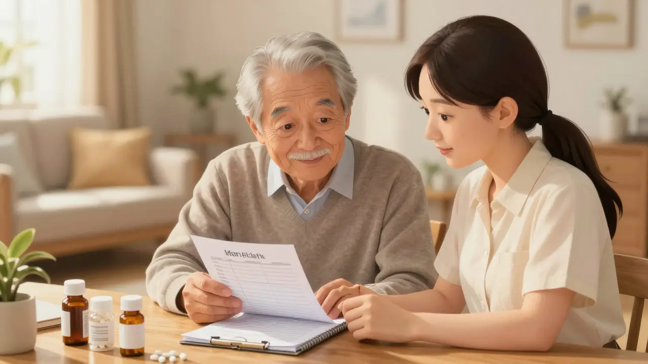 A caregiver and senior man reviewing a medication list together in a sunlit room.
