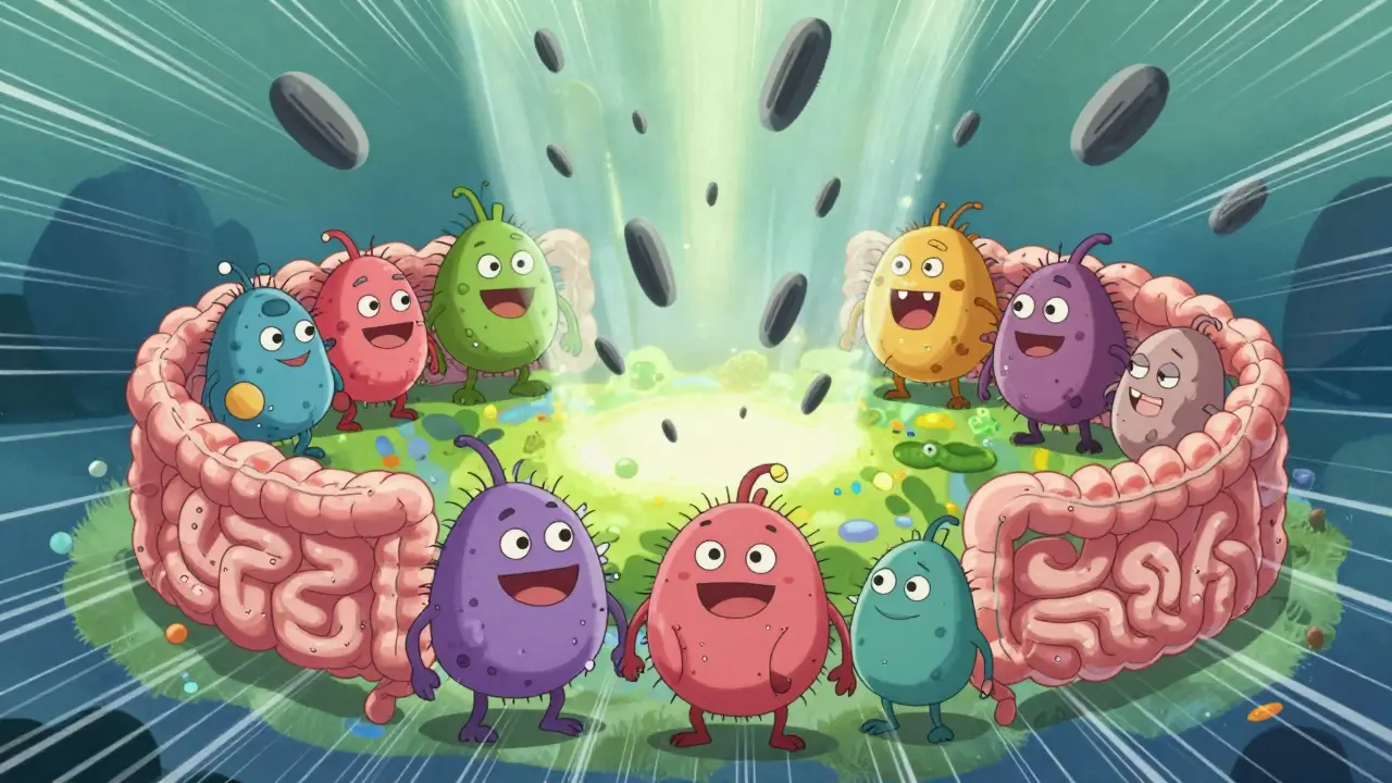 Anime characters representing probiotic bacteria defending the gut against antibiotic fragments.
