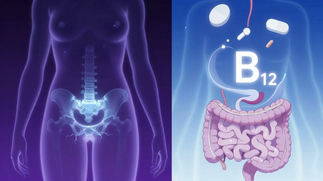 Anime concept art showing bone fragility and nutrient loss in a human silhouette