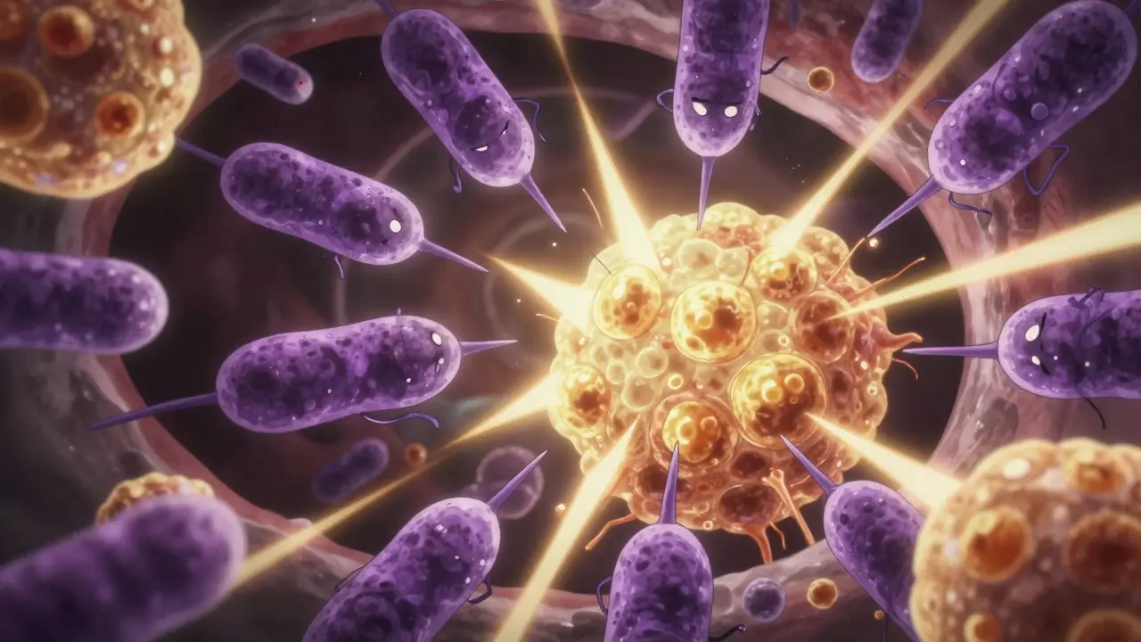 Anime conceptual art of antibodies attacking fibroblasts and causing fat cell expansion.