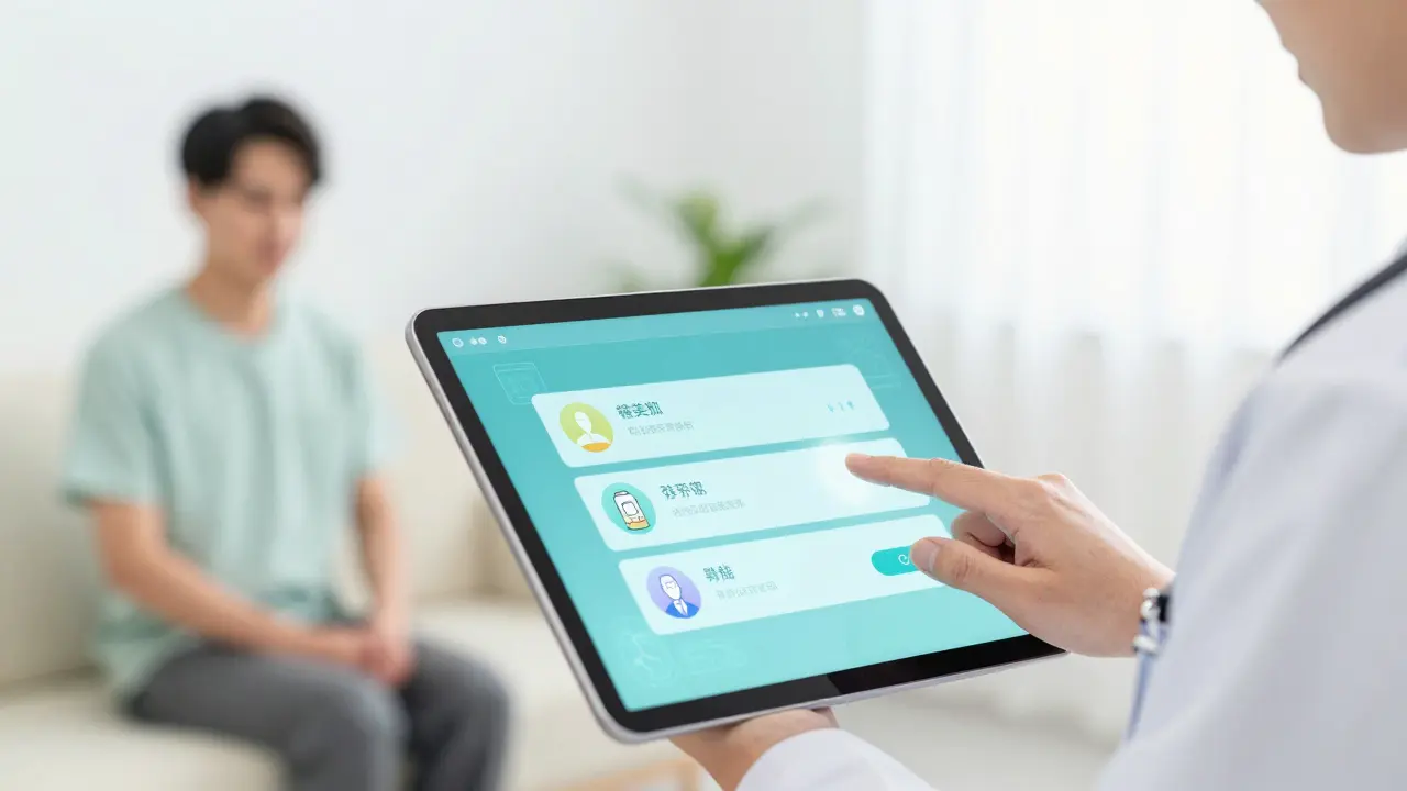 Anime illustration of a doctor using a digital tablet for pharmacy notifications to ensure patient safety.