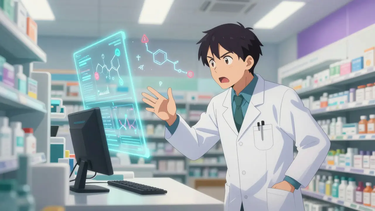 Anime scene of a doctor and pharmacist discussing medication stability with holographic medical graphs.