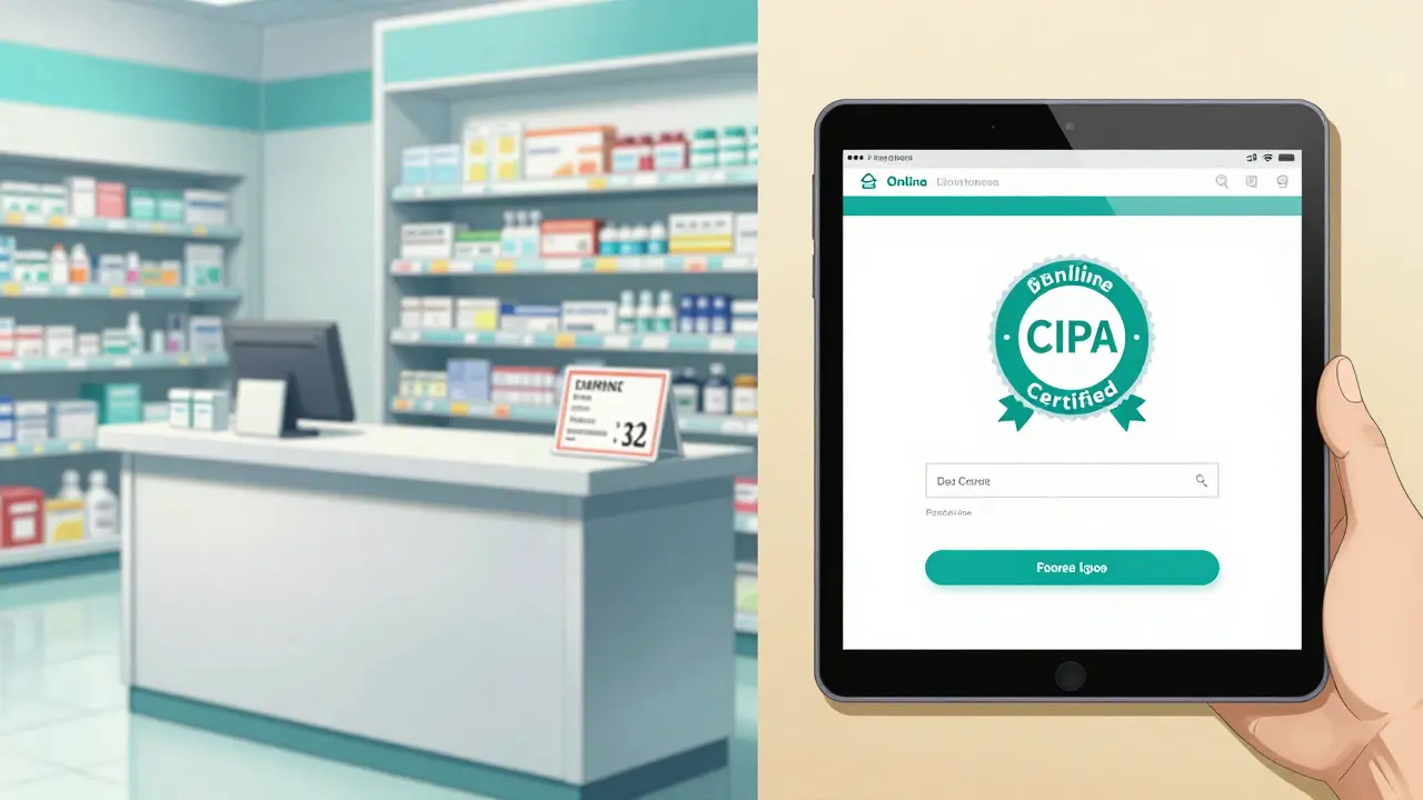 Anime split-screen comparing a retail pharmacy and a certified online pharmacy