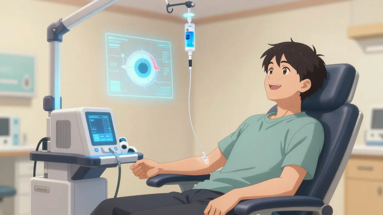 Anime style patient receiving a blue biologic medication infusion in a modern clinic.