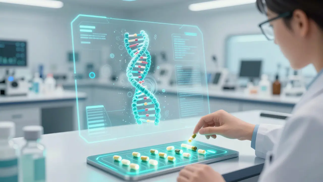 Anime style scientist using a holographic display to create personalized precision probiotics.