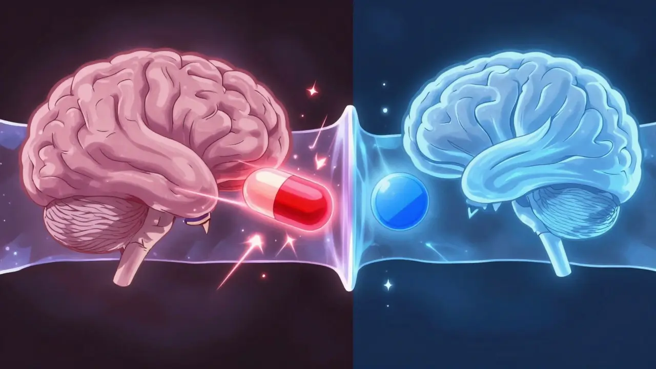 Conceptual comparison of sedating versus non-sedating antihistamines crossing the blood-brain barrier