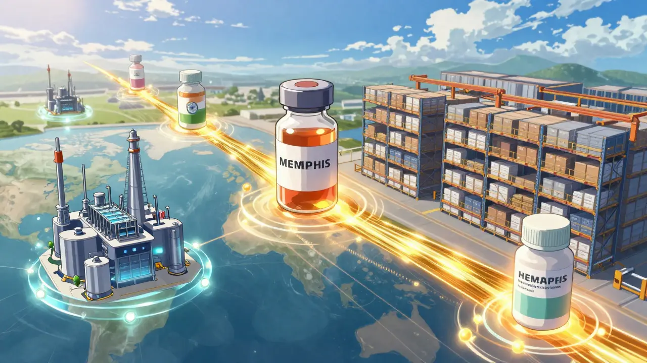 Conceptual map showing a drug's journey from factory to pharmacy via a golden digital chain.