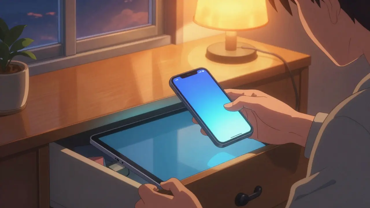 Person putting away electronic devices to avoid blue light before bed