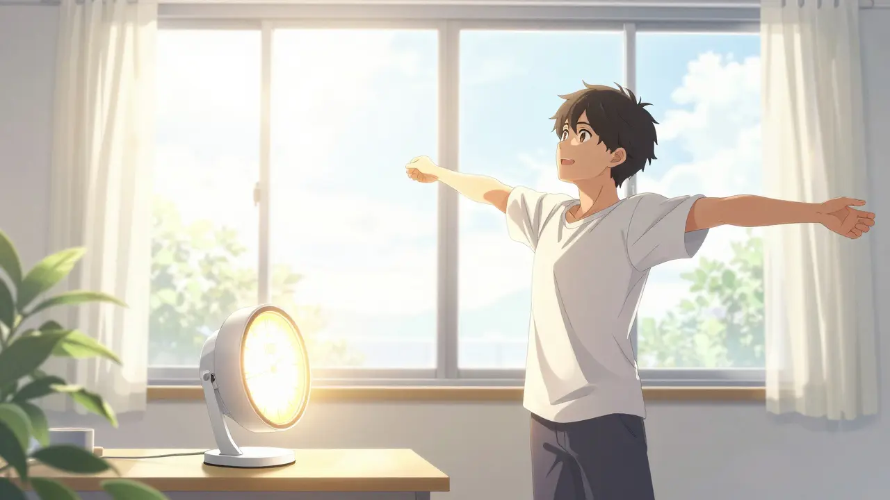 Person waking up and using a light therapy lamp to reset their sleep cycle