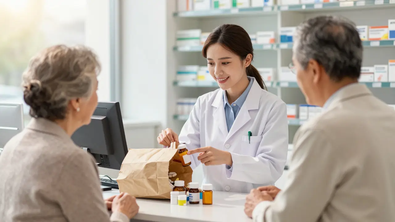 Pharmacist and older adult reviewing medications together at a pharmacy counter