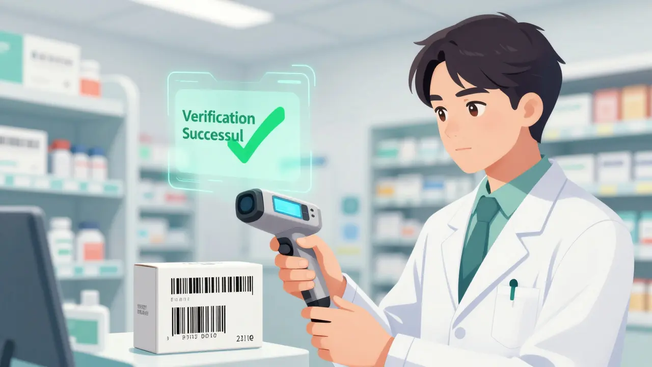 Pharmacist using a digital scanner to verify a medicine bottle's authenticity with a green checkmark.