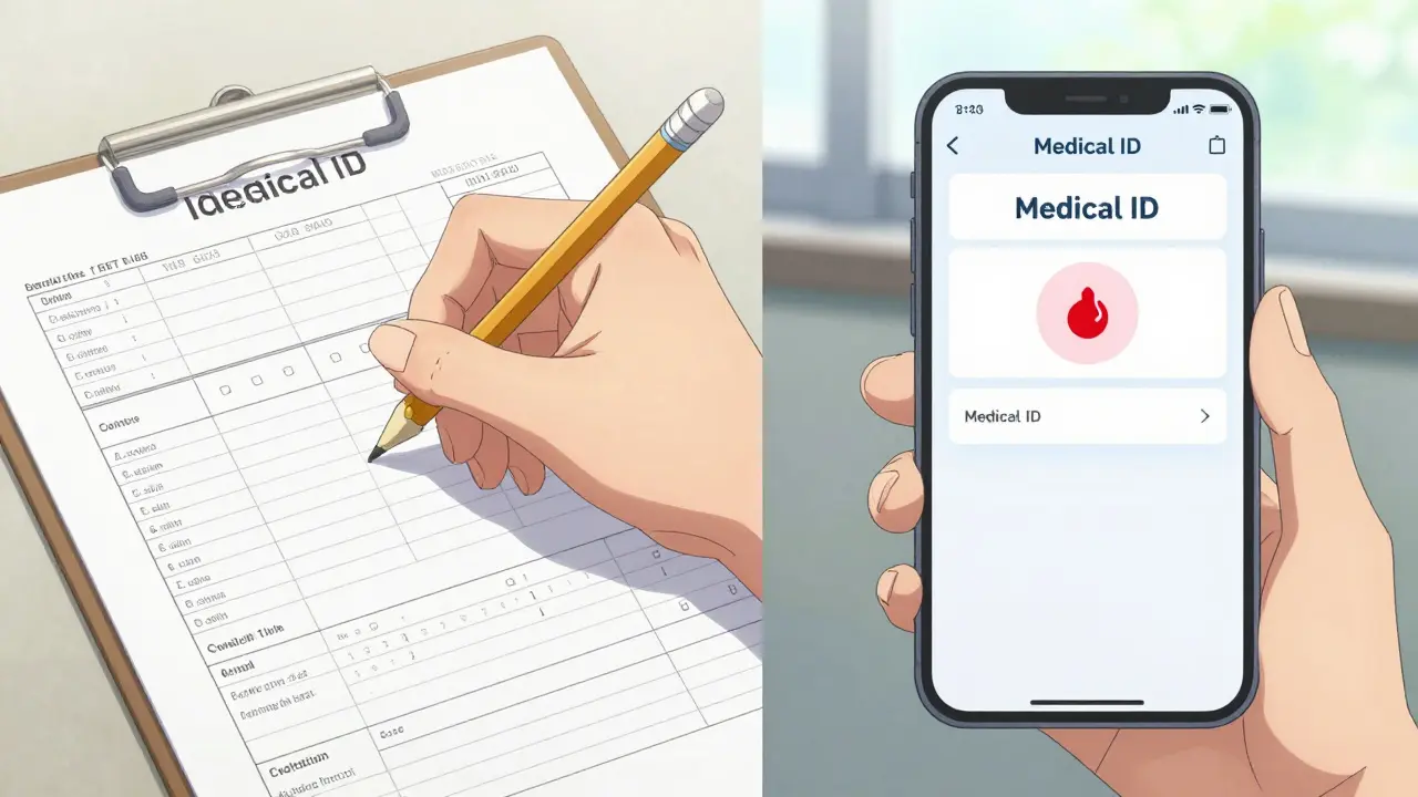Split view of a hand writing a medication list on paper and a smartphone Medical ID screen.